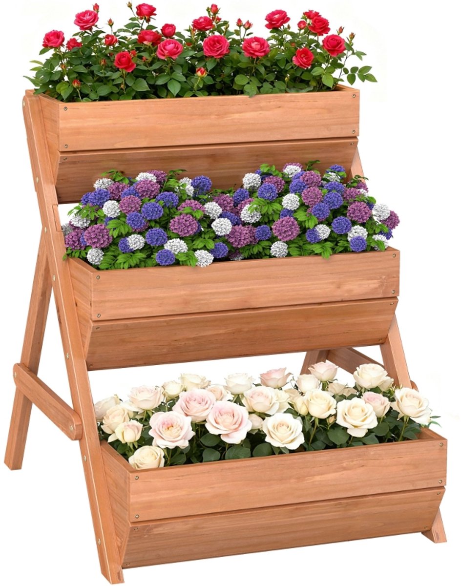 Daity Driedelige houten plantenbakset op hoogte, 66 liter, geschikt voor bloemen, groenten en kruiden, afmetingen: 65x75x78 cm, bruin.