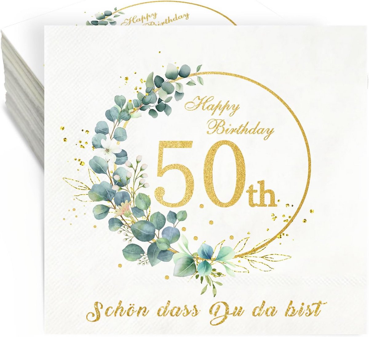 Servetten 50e Verjaardag Eucalyptus Wit Goud 36 Stuks 3-laags Tafeldecoratie