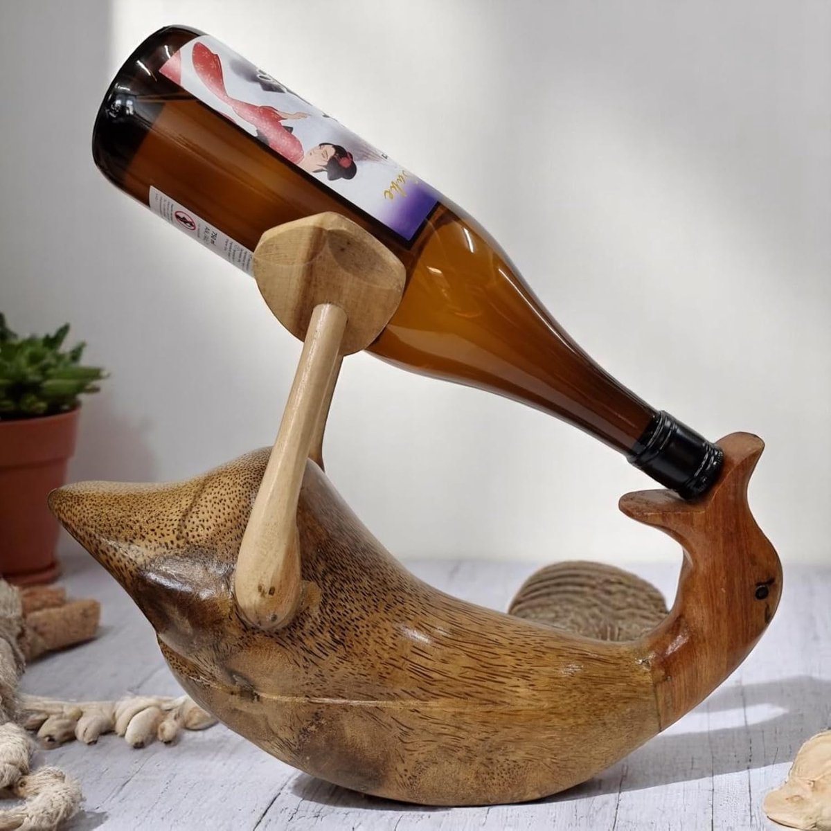 Decoratieve eend - Wijnrek houder - Fles presentatie - Handgemaakt design - 28x40x12 cm - Bruin