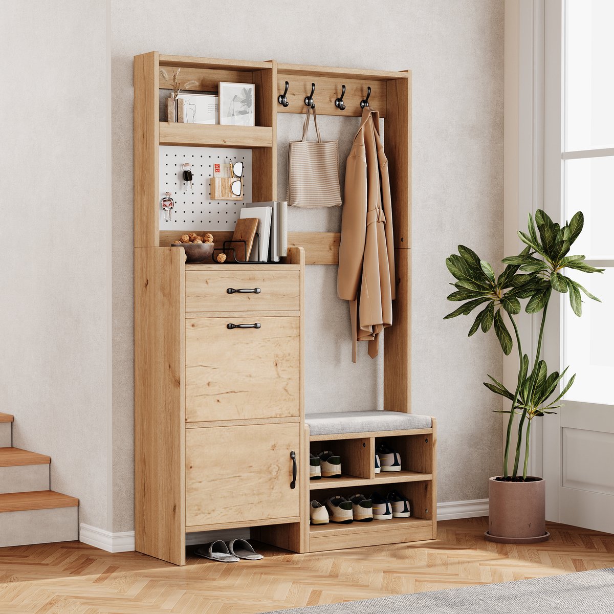 MODENUIT Garderobeset - Met Schoenenbank, Lade En 4 Haken - Voor Entree - Spaanplaat Naturel/Wit - 108,5x35x180 Cm