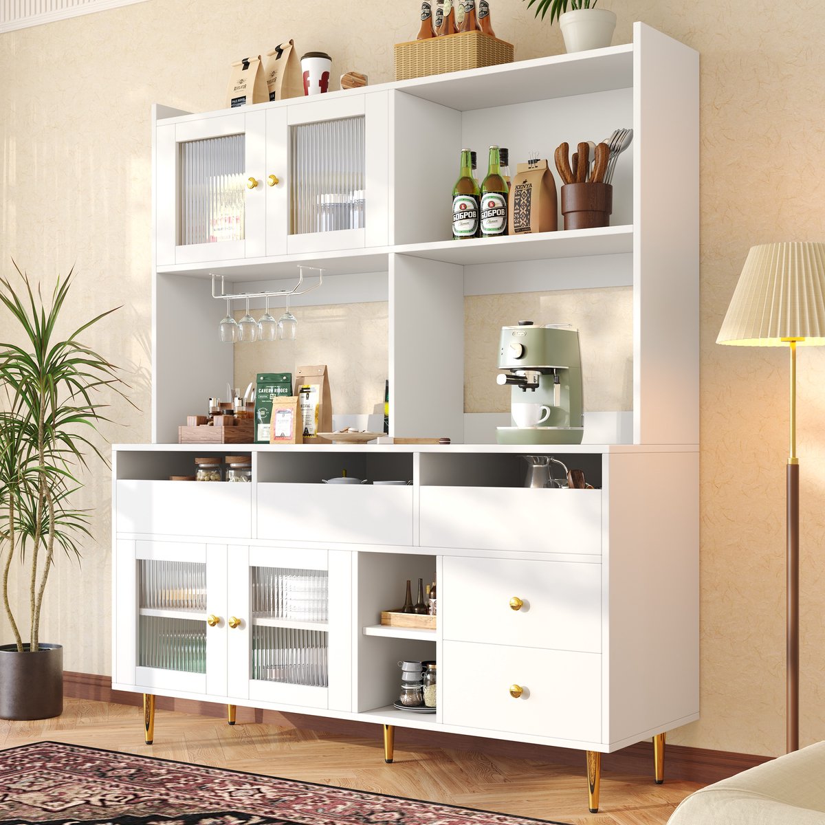 MODENUIT Dressoir - Ribbelglasdeuren En Wijnrek - Voor Eetkamer En Keuken - MDF En Metaal - Wit - 145x39x171 Cm