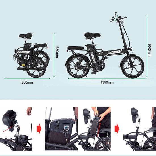 LUMÈ STORE Elektrische Fiets 16 Inch - Vouwfiets - 250W Motor - Tot 25 km/u - Opvouwbare E Bike - 20-45 km Actieradius - Zwart — afbeelding 5