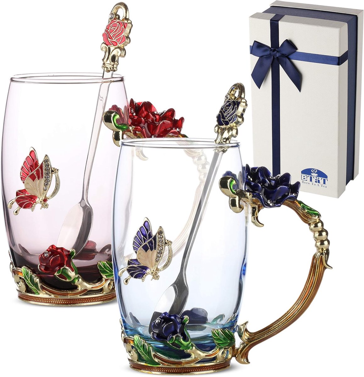 Thee Glazen - Kopjes Set - Genieten van Thee - Handgeblazen Glas - 325 ml - Blauw Rood