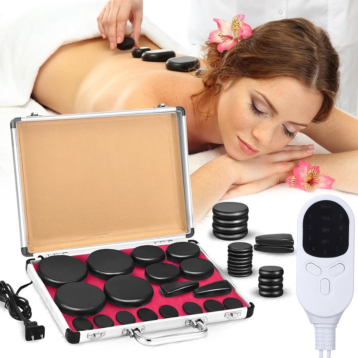 Massageset Hete Stenen - Ontspanningsstenen Wellness - Stressvermindering Thuis - Instelbare Temperatuur - 18 Delig - Zwart