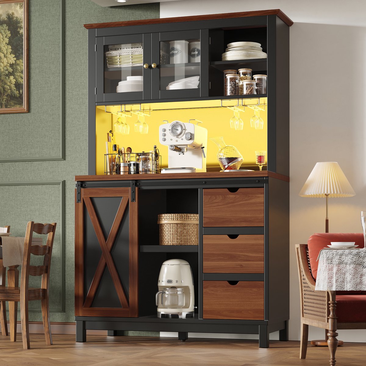 MODENUIT Hoge Keukenkast - Met LED en Schuifdeur - Voor Keuken en Eethoek - Glas MDF Metaal - 104x40x180 Cm - Zwart