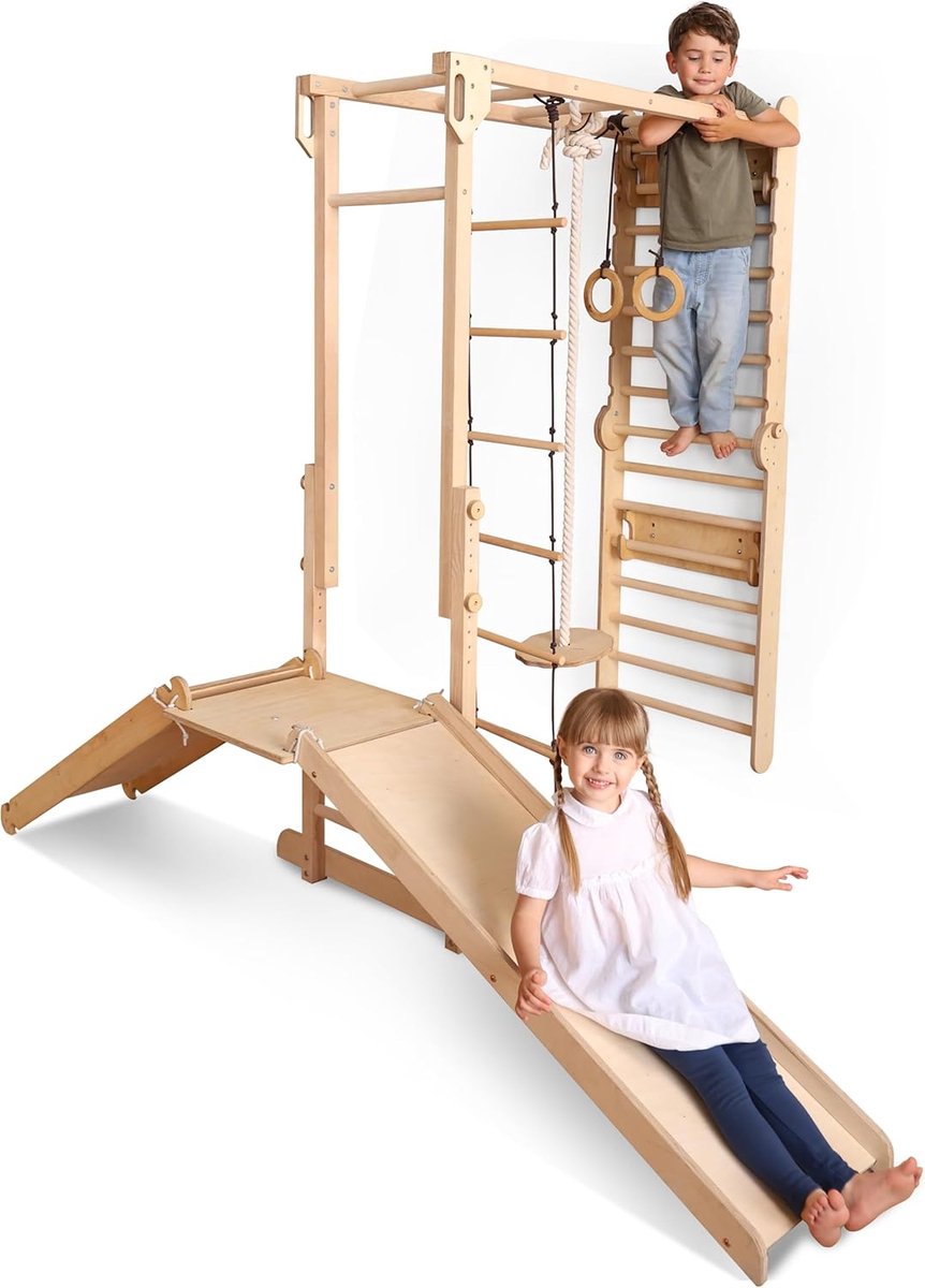 Houten Klimspeelgoed - Binnen Jungle Gym - Actief Spelen - 9-in-1 Multifunctioneel - 155x236x180cm - Natuurlijk Hout
