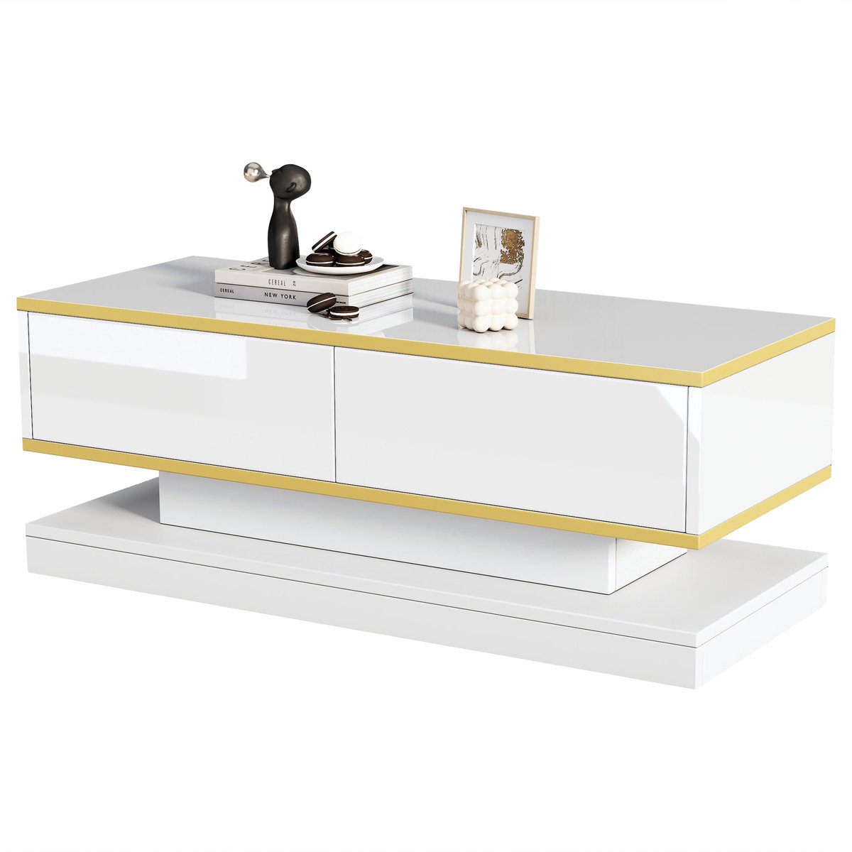 Merax Hoogglans Salontafel 100x50x38 cm – Moderne Witte Koffietafel met Gouden Rand en 2 Lades – Luxe Woonkamertafel met Opbergruimte