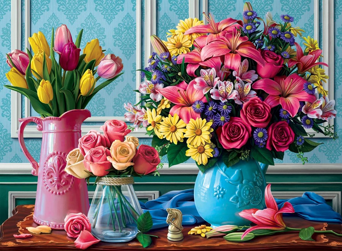Legpuzzel 1000 - Bloemen Vazen - Ontspanning Thuis - Unieke Stuk Vorm - 66x48cm - Meerkleurig