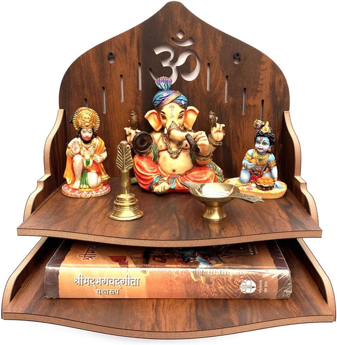 Houten Tempel - Religieus Decor - Thuis Puja - Handgemaakt Uniek - 27x265x29cm - Walnoot Bruin