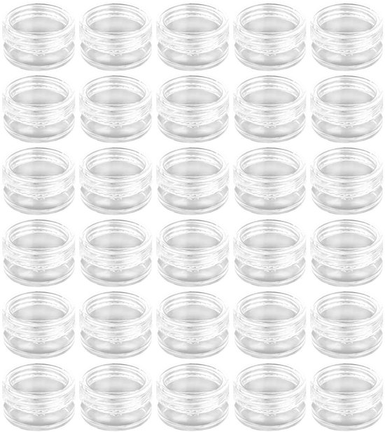 30-stuks Mini potje - Mini gezichtscrème potje - Klein reisbewaarpotje - Klein reispotje - Schroefdop - Herbruikbaar - 5 g - Geschikt voor het bewaren van gezichtscrème, cosmetica, lippenbalsem, lotion, enz. - Transparant