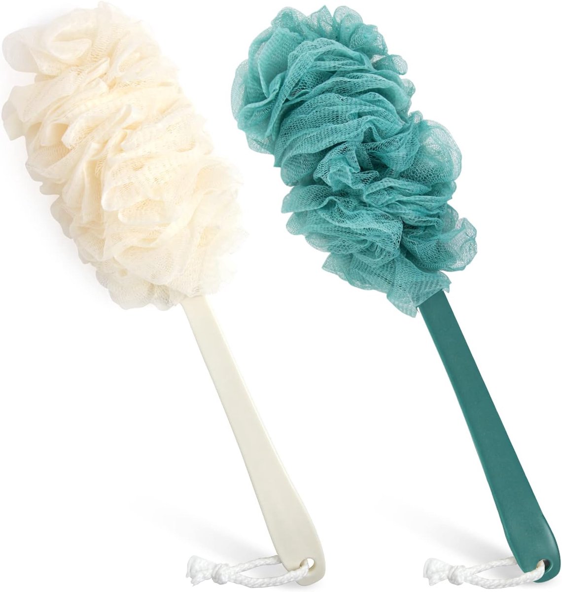 Set van 2 rugmassageborstels, geschikt voor onder de douche, doucheborstels, lichaamsscrubbers met lange steel, unisex, badaccessoires, lichaamsborstels (groen, beige)