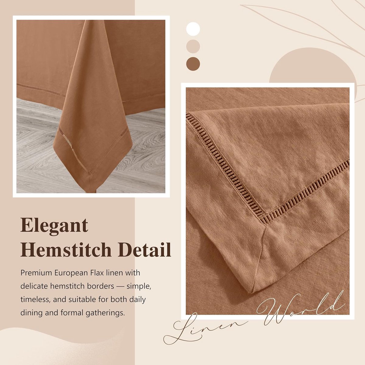 Linnen Tafelkleed - Frans Linnen - Dineren Buiten - Wasbaar met Hemstitch - 228x152 cm - Beige