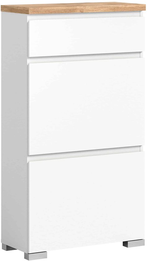 Witte schoenenkast met houten bovenblad en drie deuren, staand op zilverkleurige pootjes.