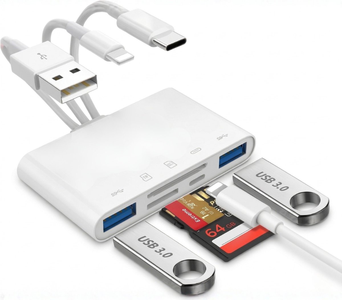 MrGoods SD Kaart Lezer 5-in-1 – USB-C / USB / Lightning – Card Reader voor SD & Micro-SD – USB 3.0 – Plug & Play