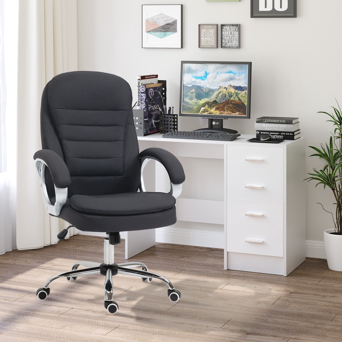 Werkstoel - Ergonomisch - Draaibare - Hoogteverstelbaar - Zwarte Linnen