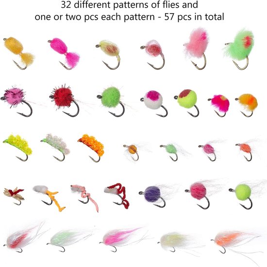 Vliegvis Set - Vliegen Assortiment - Forel Baars Vissen - Inclusief Vliegenbox - 57 Stuks - Gekleurde Vliegen — afbeelding 2
