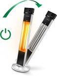 Trotec terrasverwarmer, zilveren voet, zwart omhulsel, met gloeiende en uitgeschakelde toestand.