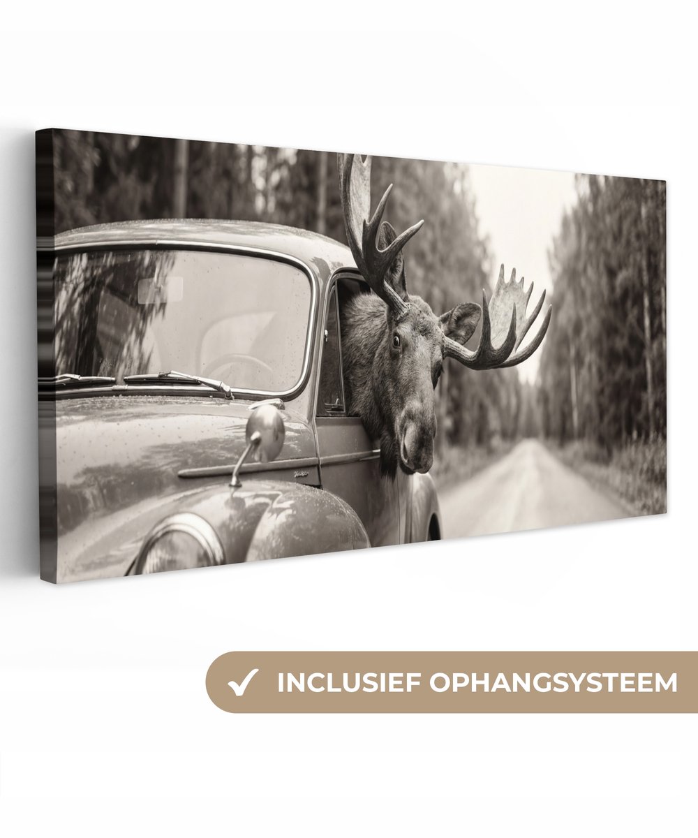 Canvas schilderij 60x30 cm - Exclusieve wanddecoratie Eland - Auto - Gewei - Zwart - Wit - Muurdecoratie woonkamer - Slaapkamer decoratie - Kamer accessoires - Schilderijen op canvas