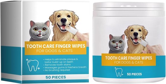 Een doos en pot met 'Tooth Care Finger Wipes' voor honden & katten. Afbeeldingen van een grijze kat en een golden retriever.