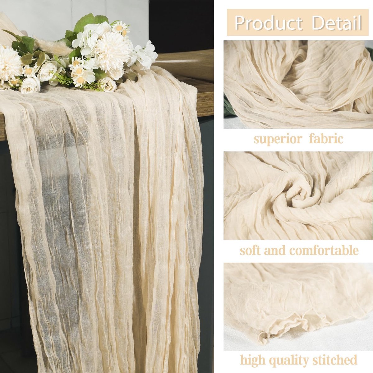 Tafelloper Set - Kaasdoek Loper - Feestelijke Decoratie - Boho Stijl - 90 x 300 cm - Beige