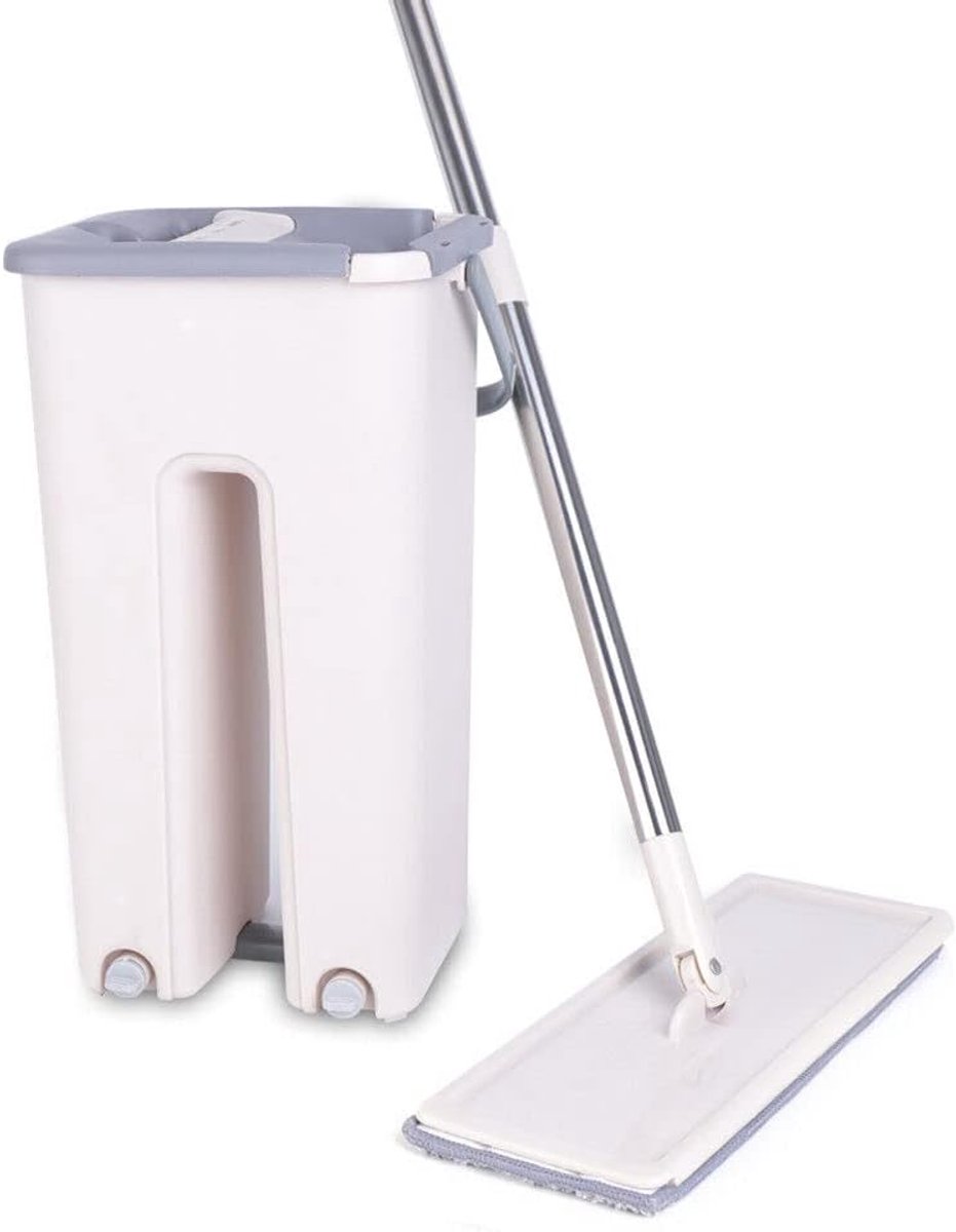 Vloerwisserset - Dweil met emmer - Vloeren reinigen - Scheidt vuil en schoon water - 120 cm dweil - Beige