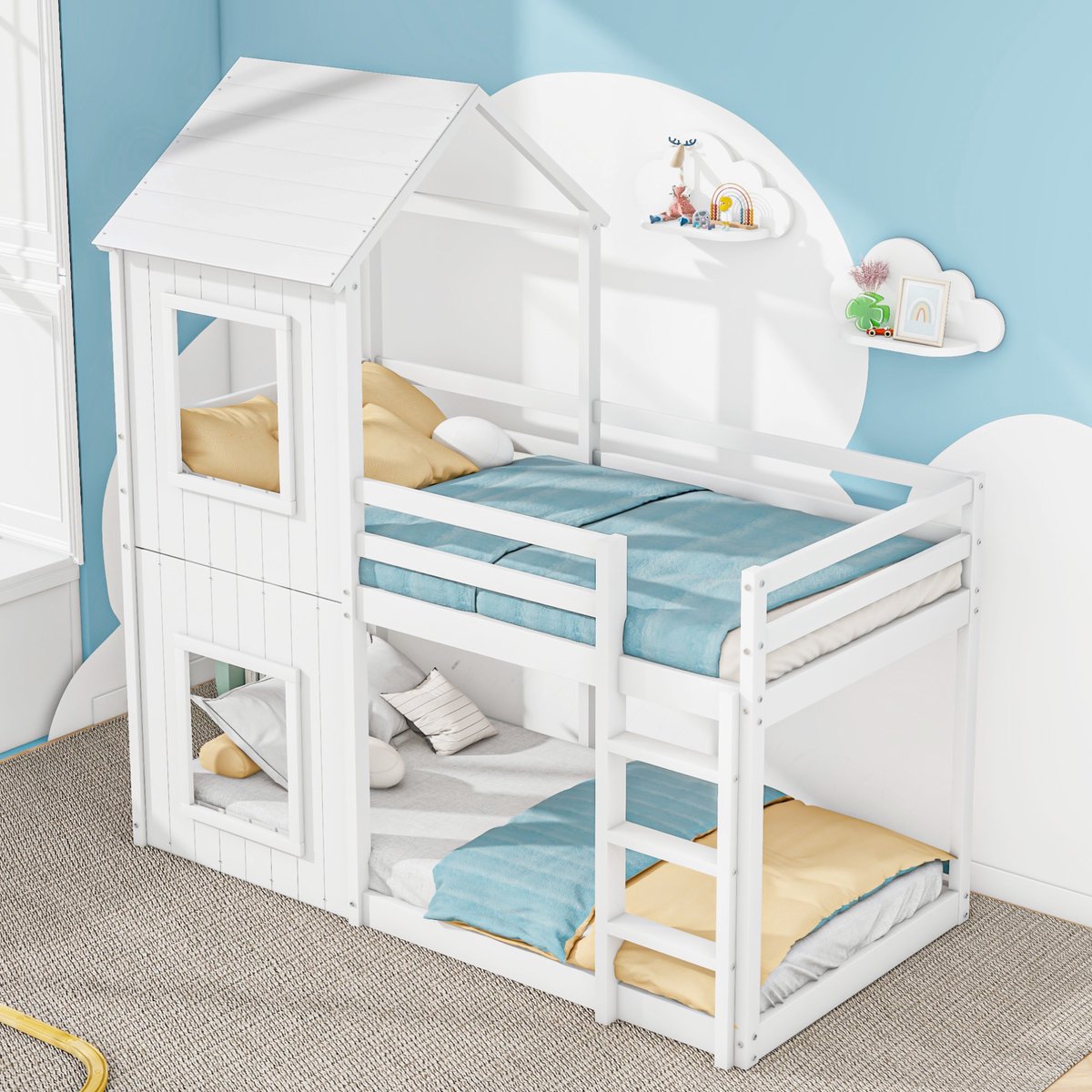MODENUIT Stapelbed 90x200 cm – Kinderbed in Huisvorm met Ladder en Veiligheidshek – Zonder matras – Massief Grenen – Wit