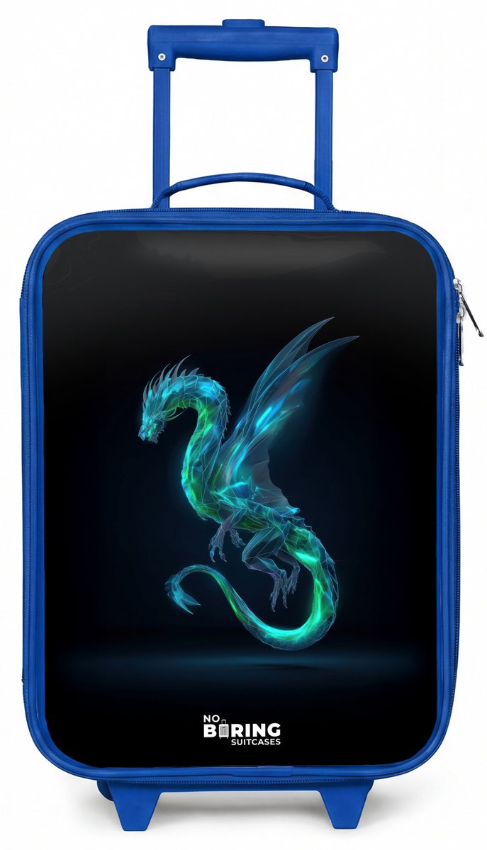 NoBoringSuitcases.com® - Kinderkoffer blauw - Kindertrolley jongen - Legendarische cyberdraak - Koffer kind lichtgewicht - Reiskoffer trolley voor kinderen - Koffertje met lichtgevende wieltjes - Rolkoffer