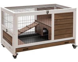 De Warenloods - Konijnenhok - Konijnenkooi 2 niveaus - Huisdierenhok - Voor Cavia's en Konijnen - Met te openen dak - 4 Wielen - Uitneembare lade - Bruin - 90X53X59 cm