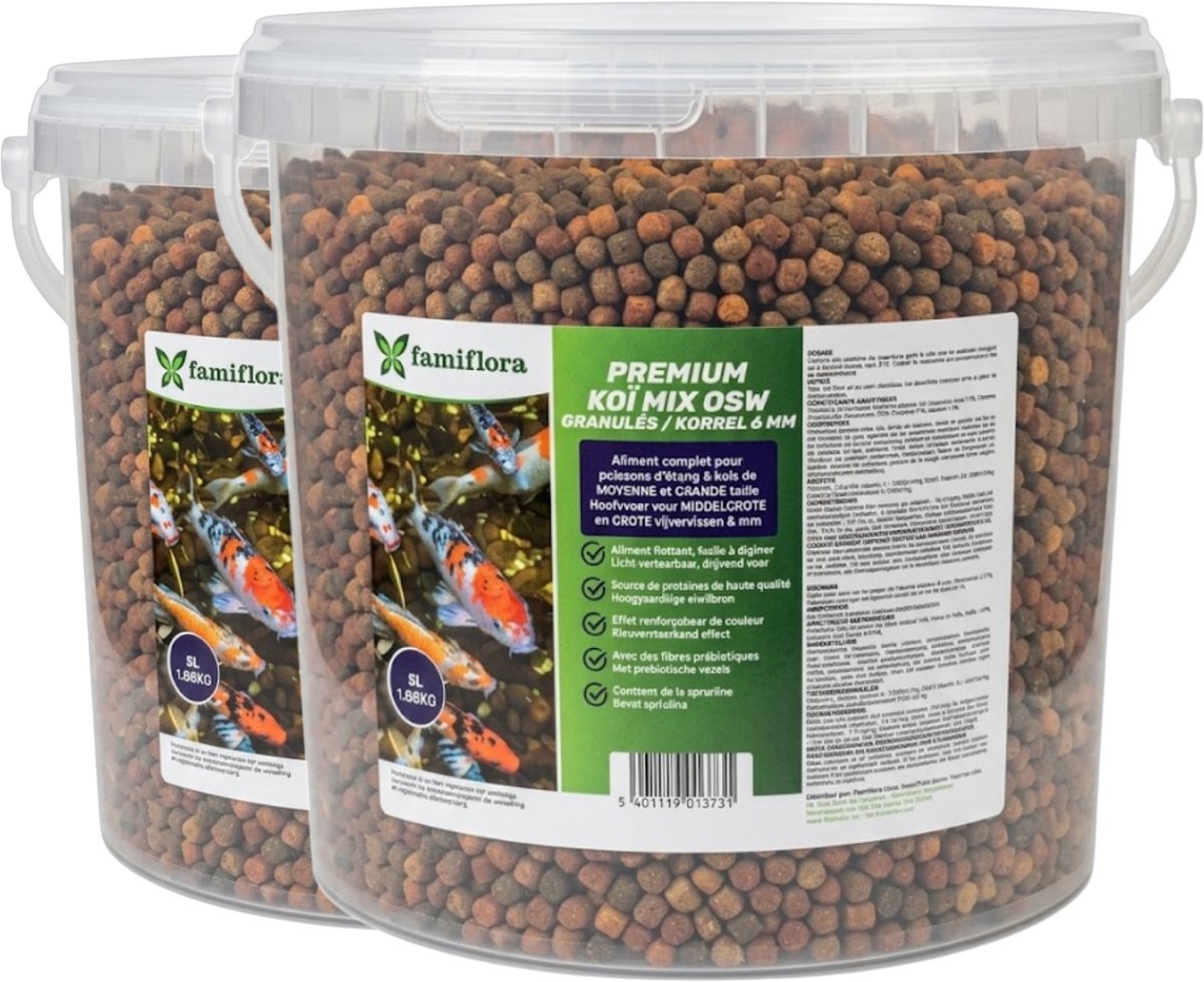 Famiflora Koi Mix OSW voer voor koivissen - 2x 5L (=10L / 3.36KG) - 6mm Korrel - Premium Koivoer - Met Astaxanthine voor Intense Kleuren - Stimuleert gezonde groei zodat je koi groot en sterk worden