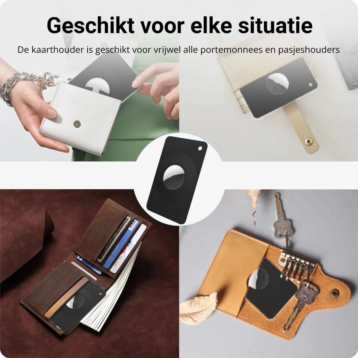 AirTag houder voor portemonnee en pasjeshouder | dun, flexibel siliconen, slank ontwerp, zwart, 8mm dik - Afbeelding 2