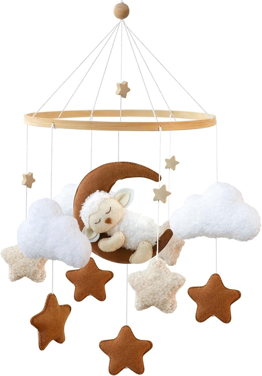 Diermobiel Babybed - Houten Windspel - Babykamer Decoratie - Lammeren Maan Design - 30x30x2 cm - Wit