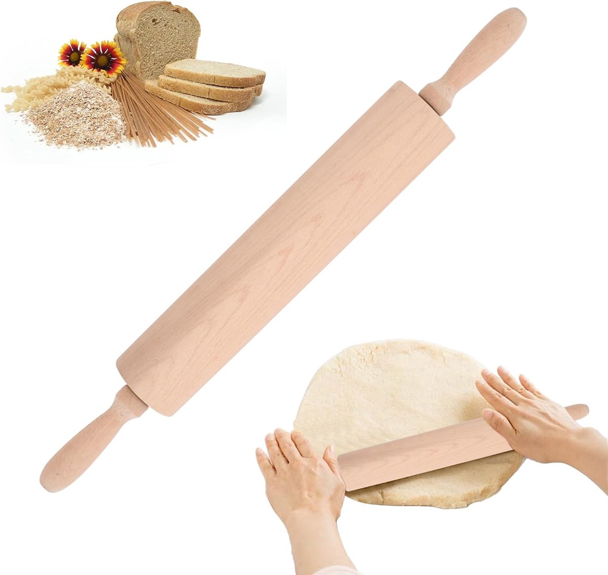 Deegroller Hout - Bakroller Handvatten - Koekjes Pizza - 360 Graden Rotatie - 46 cm - Naturel