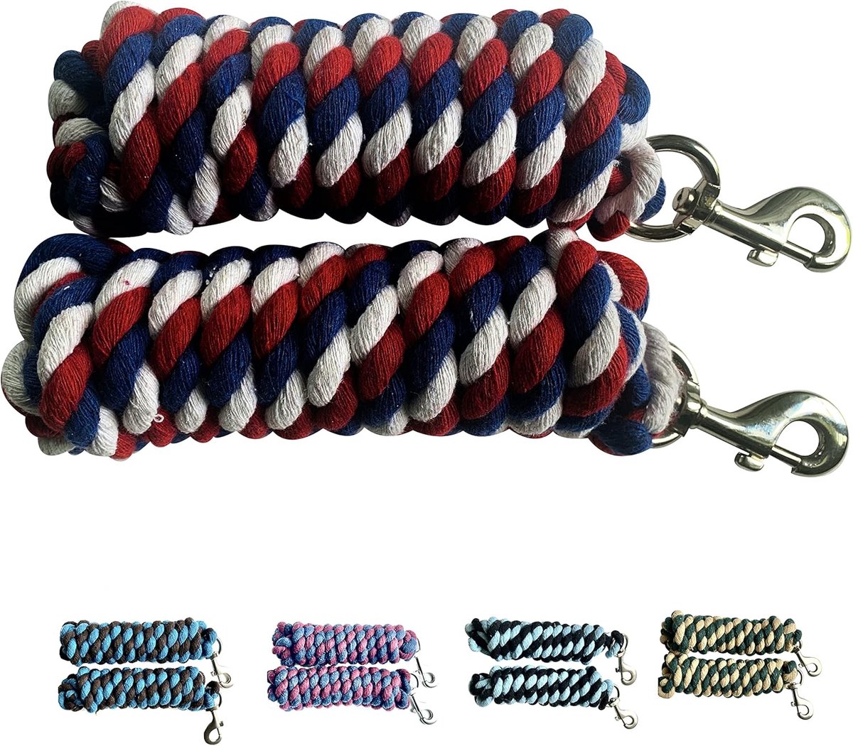 Majestic Ally Pak van 2 massief katoenen loodtouw voor paarden en vee - 10 voet lang en 5/8 inch dik - vervangbare heavy-Duty satijnen bout - handgemaakt - zacht, gebroken gevoel (Patriottisch)