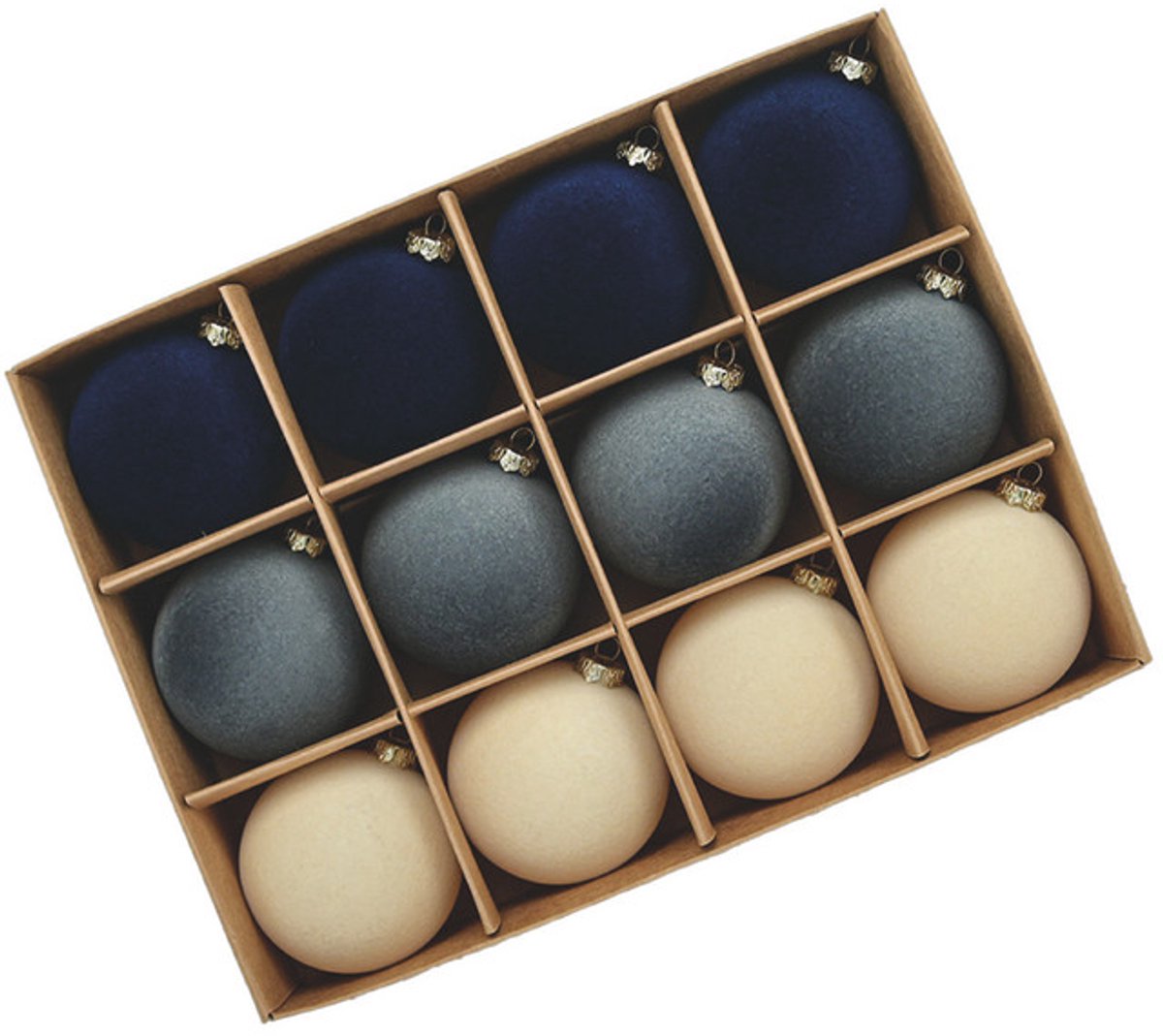 Fjesta© Velvet kerstballen - 6cm - Donkerblauw-Blauw-Beige - 12 stuks
