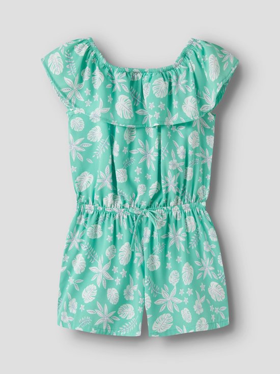 Groene playsuit met elastische tailleband, strikdetail en witte botanische print.