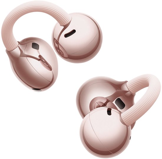 Twee roségouden HUAWEI FreeClip 2 oordopjes met flexibele bandjes.