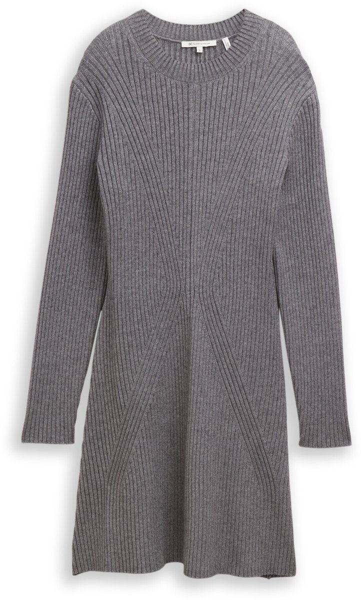 Tom Tailor Denim - Getailleerde mini-jurk van geribbelde tricot - Maat S - Stormy Gray Melange