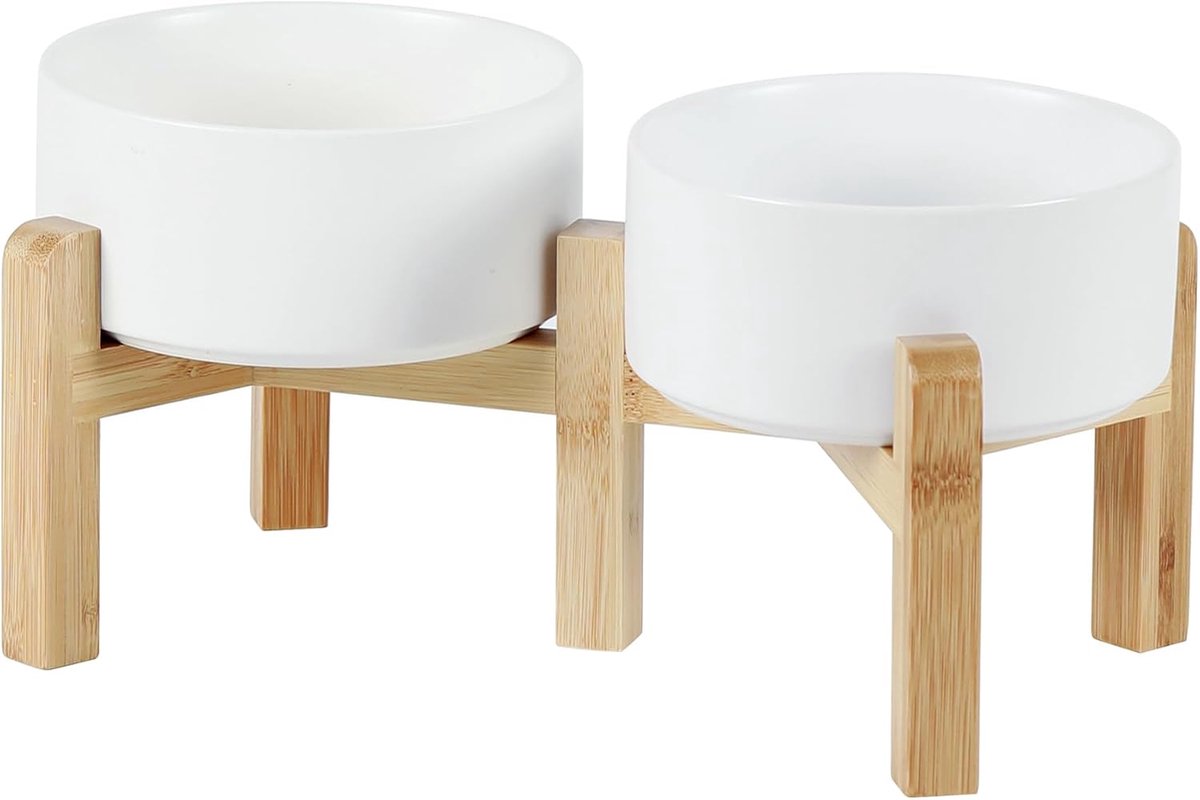 Keramische Voerbak Set - Verhoogde Waterbak - Comfortabel Eten Drinken - Twee Hoogtes Verstelbaar - 850ml Kommen - Wit