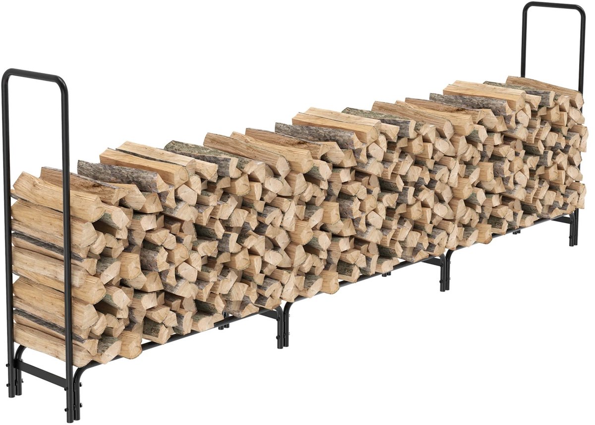 VIEMAE Houtopslag - Brandhoutrek - Houtrek - Opbergrek - Standaard voor hout - Opbergrek tuin - 344,9x35x117cm - Zwart metaal