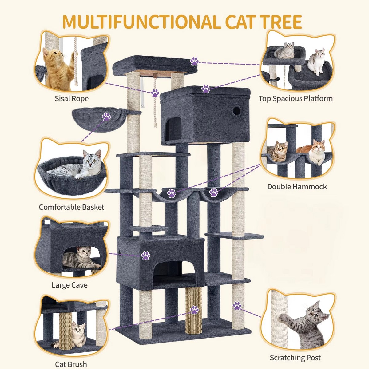 Multi Level Cat Tower - 200 cm - Krabpaal Katten Groot – Met 10 Krabpalen en 2 Hangmatten – Kattentoren met 2 Holletjes, Mand en Platform – Inclusief Kattenborstel – Geschikt voor Grote Katten en Kittens – foto 3