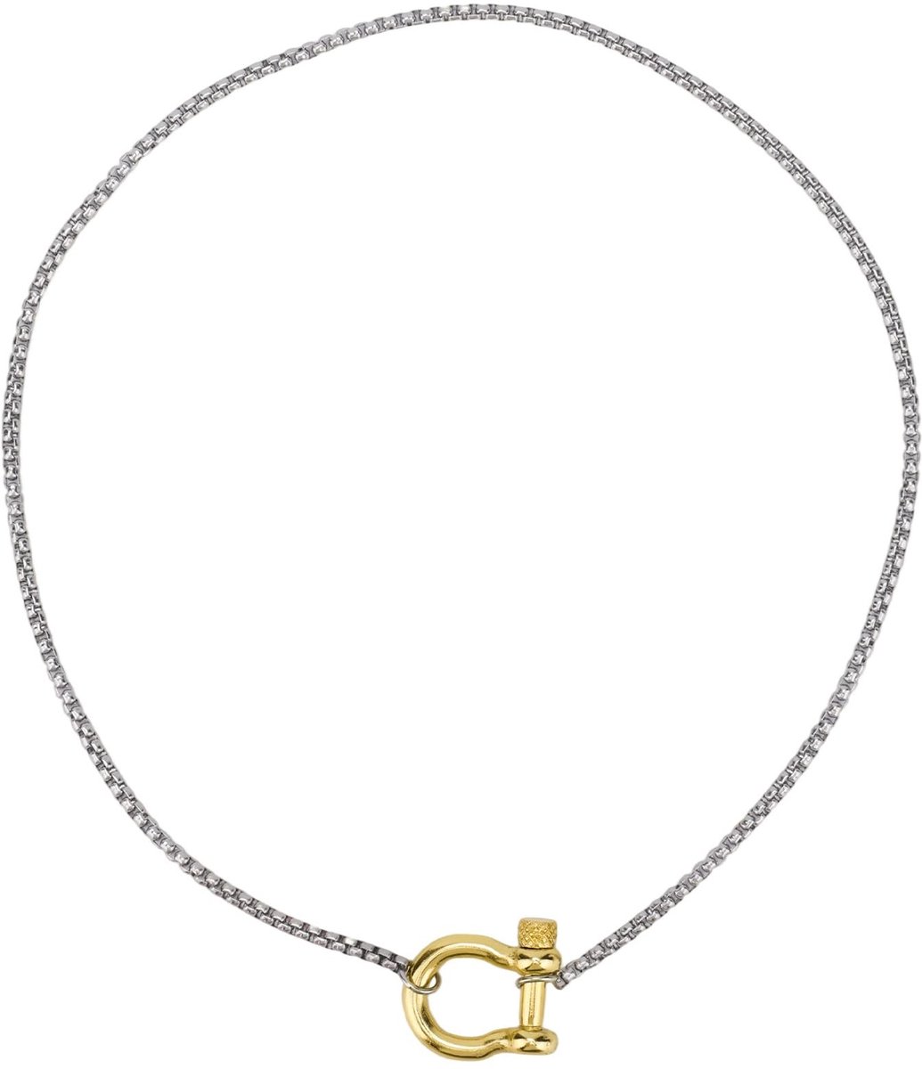 {"title": "Mannen en Vrouwen Carabiner Ketting - 47cm Twee-Tonen Stalen Sieraden met Heavy Duty Sluitsysteem en Ankerontwerp", "description": " O...