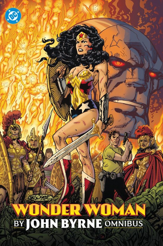 Wonder Woman met zwaard en schild, voor een achtergrond van vlammen en een grote gespierde man. Tekst: "WONDER WOMAN BY JOHN BYRNE OMNIBUS".