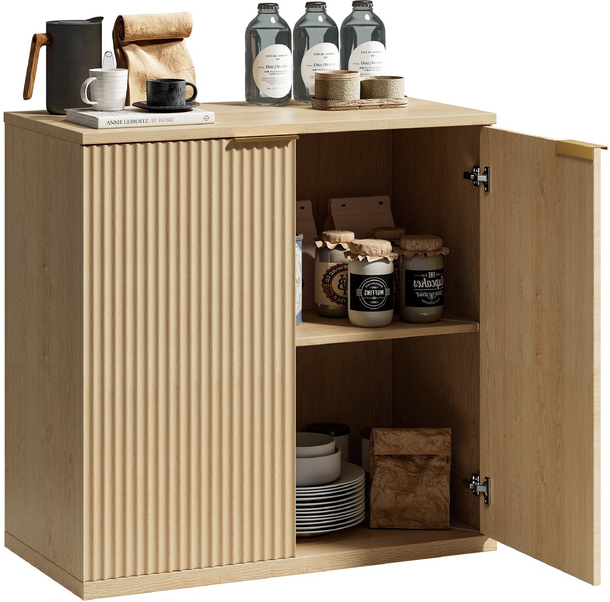 Merax Dressoir Kast 80x40x80 cm – Moderne Opbergkast met Deuren en Plank – Eiken Look Kast voor Woonkamer en Hal