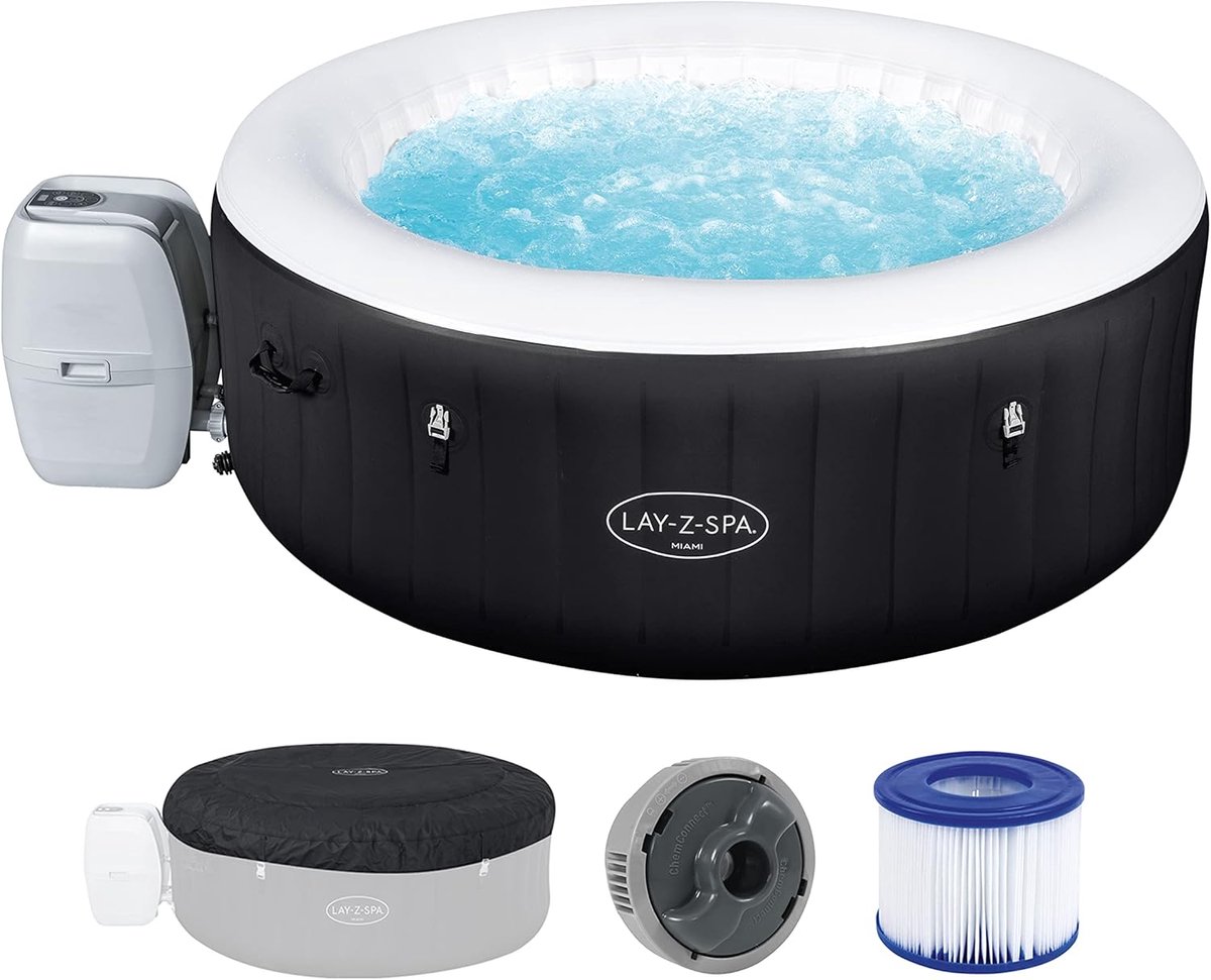 Luxe Opblaasbare Jacuzzi Spa Miami AirJet™ Ronde Hot Tub 180 x 66 cm – 4 Personen, Waterverwarming, AirJet Massage, FreezeShield Winterbescherming, Digitaal Bedieningselement – Industrohome
