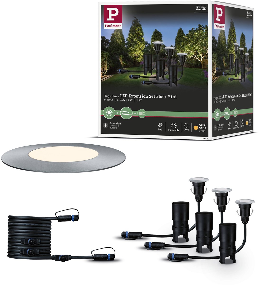 Paulmann 93949 Verlichtingssysteem Plug&Shine LED-buiteninbouwlampen (uitbreidingsset) Set van 3 stuks LED 7.5 W Warmwit Zilver