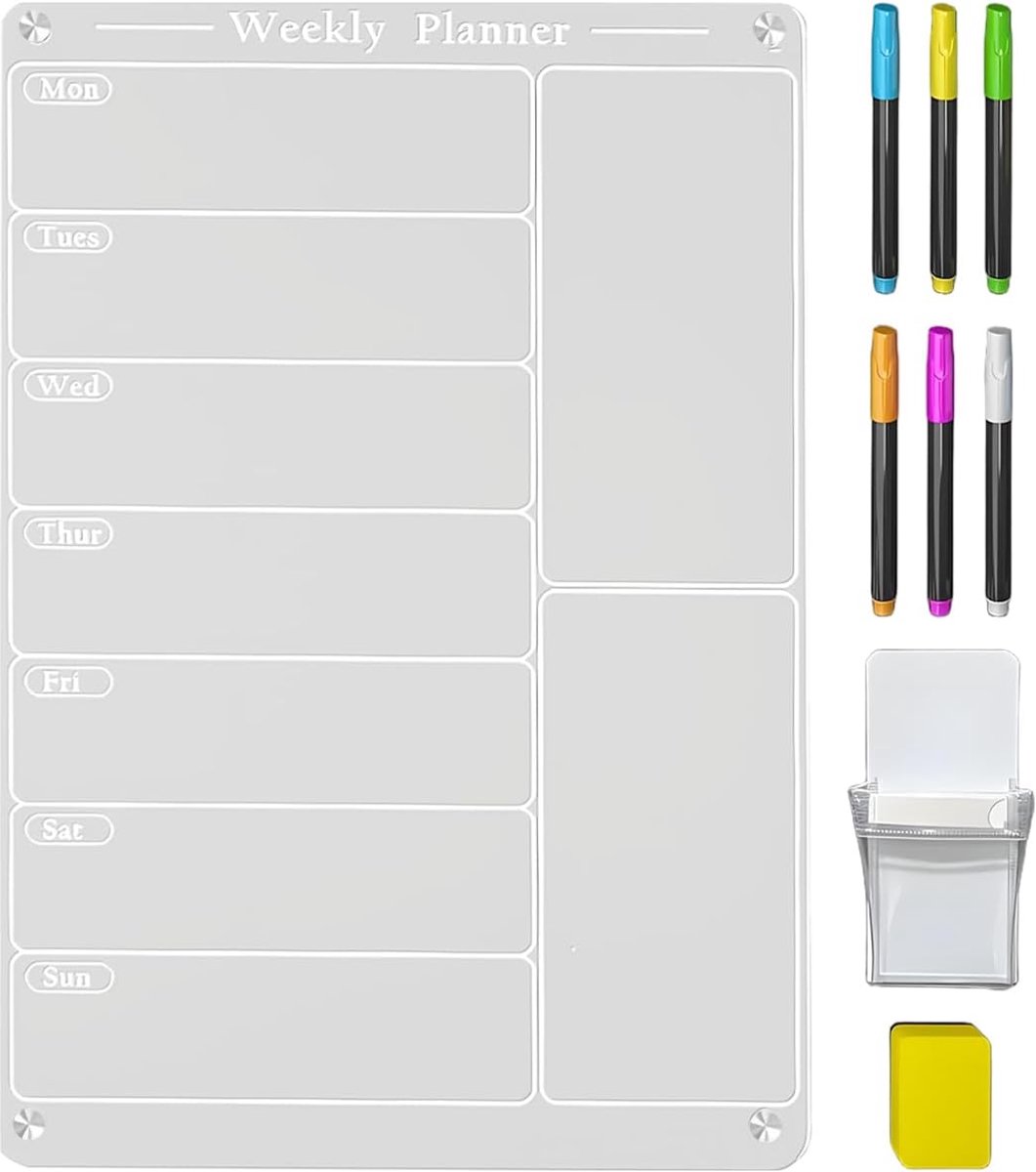 Maaltijdplanner Koelkast - Weekplanner Keuken - Gezin Organiseren - Magnetisch Acryl Bord - 20x30 cm