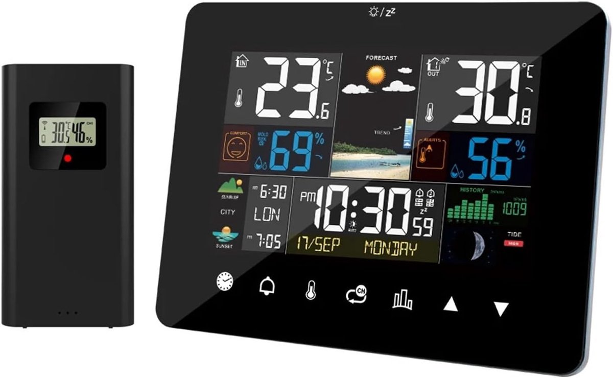 Weerstation Binnen Buiten - Digitale Weerthermometer - Weersvoorspelling Thuis - Draadloze Dubbele Sensor - Temperatuur Vochtigheid - Zwart
