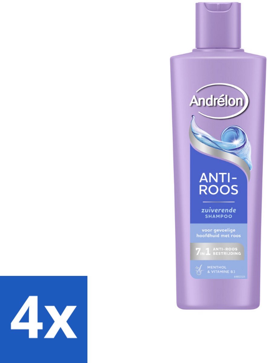 4 x Andrélon – Shampoo – Anti Roos – 250 ml - Roos Haar - Roos Hoofdhuid - Anti-roos Shampoo - Menthol Shampoo - Vitamine B3 Shampoo