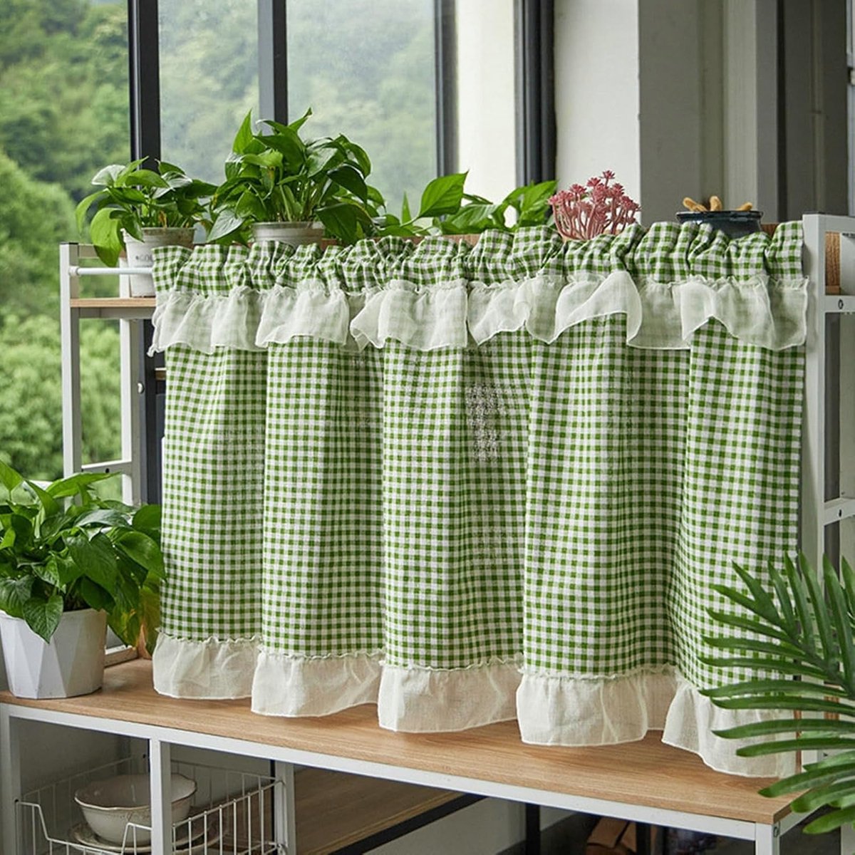 Vitrage Keukengordijn - Halve Gordijnen - Raamdecoratie - Geruit Katoen Linnen - 60x150 cm - Groen