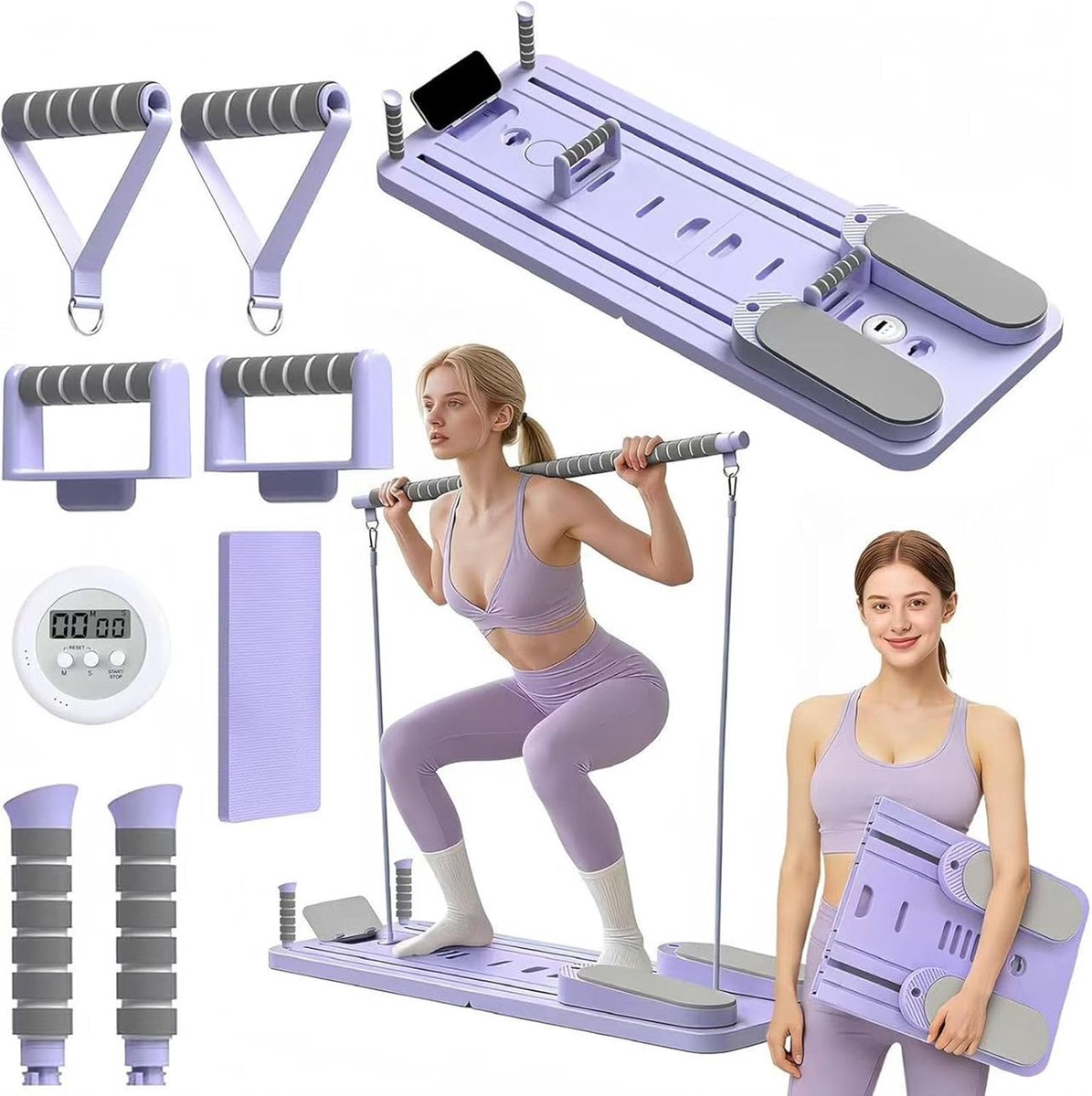 Pilates Bord - Thuis Fitness Set - Full Body Training - 11-in-1 Multifunctioneel - 42 x 41 cm - Paars